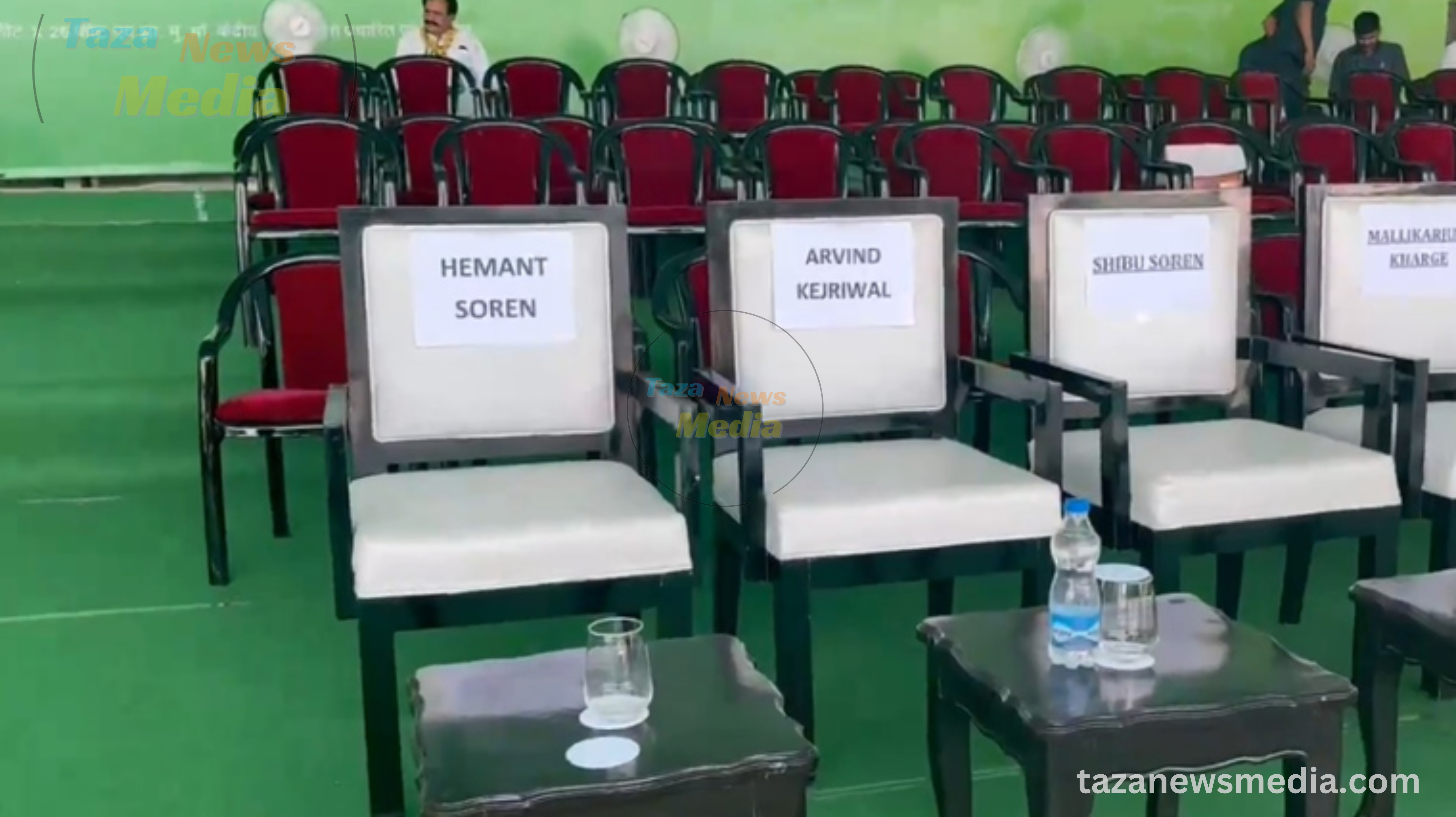 Empty chairs during Delhi Chief Minister Hemant Soren's jailed speech at the India Mega Rally